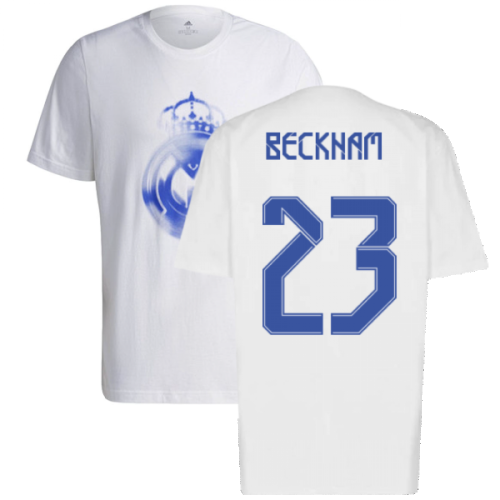 Real Madrid 2021-2022 Training Tee (White-Blue) (BECKHAM 23)  Real Madrid 2021-2022 Training Tee (White-Blue) (BECKHAM 23)