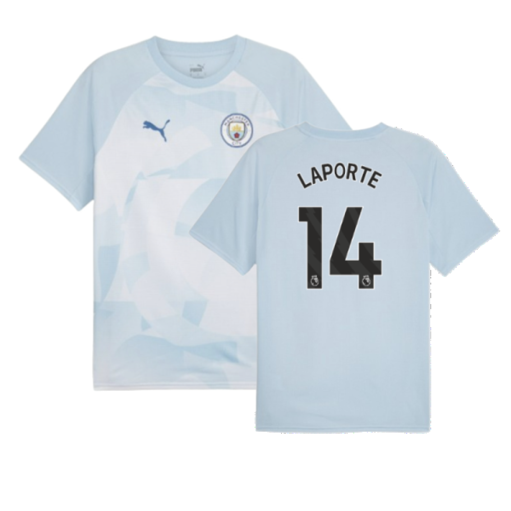 2023-2024 Man City Prematch SS Jersey (Silver Sky) - Kids (LAPORTE 14)