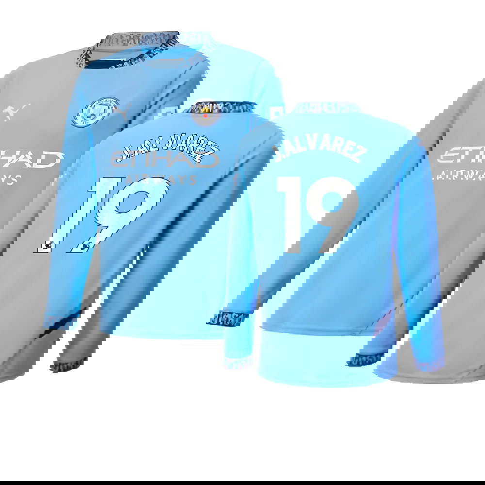 2024-2025 Man City Home Long Sleeve Shirt (Kids) (J.Alvarez 19)