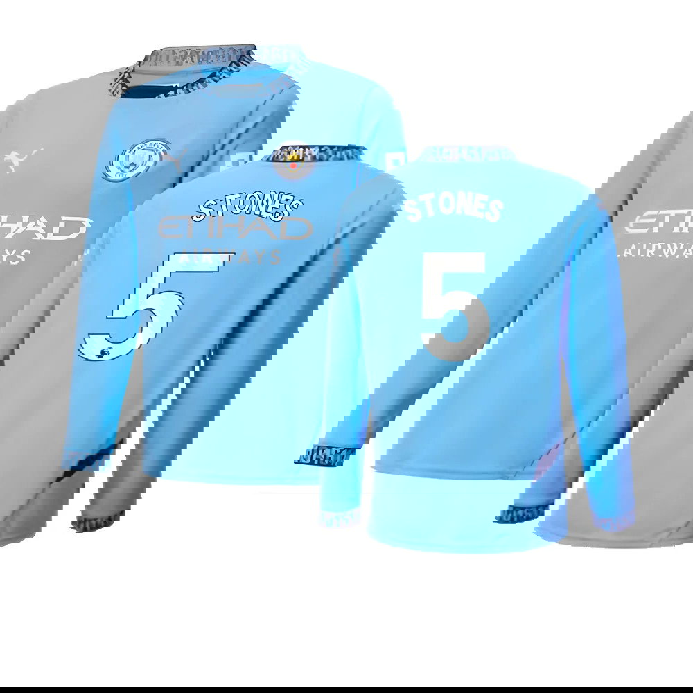 2024-2025 Man City Home Long Sleeve Shirt (Kids) (Stones 5)