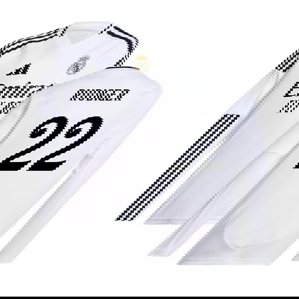 2024-2025 Real Madrid Long Sleeve Home Shirt (Kids) (Rudiger 22)