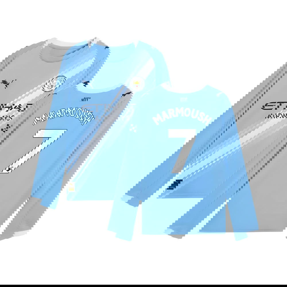 2025-2026 Man City Long Sleeve Home Shirt (Kids) (Marmoush 7)