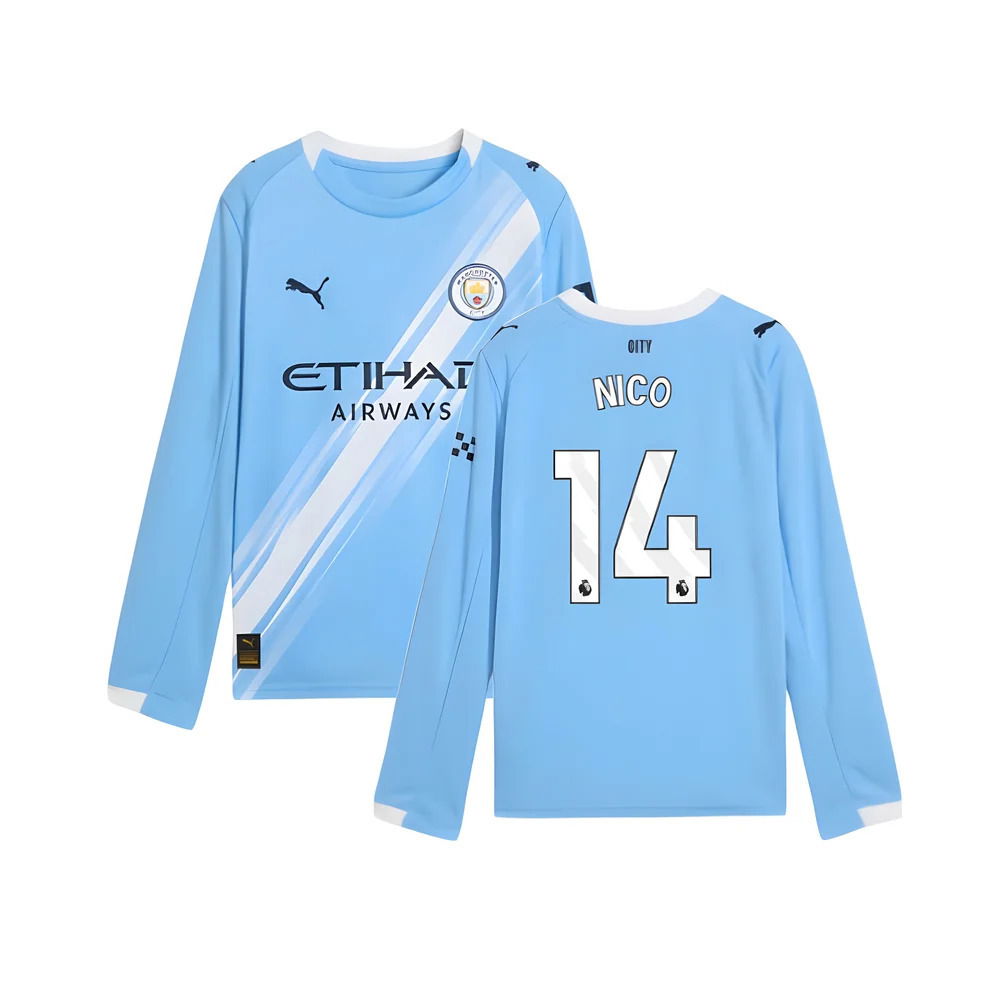 2025-2026 Man City Long Sleeve Home Shirt (Kids) (Nico 14)
