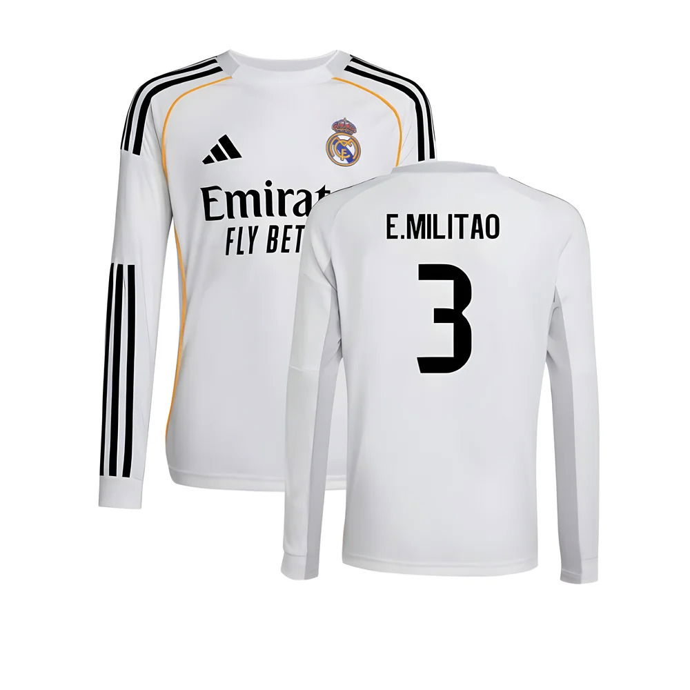 2025-2026 Real Madrid Long Sleeve Home Shirt (Kids) (E.Militao 3)