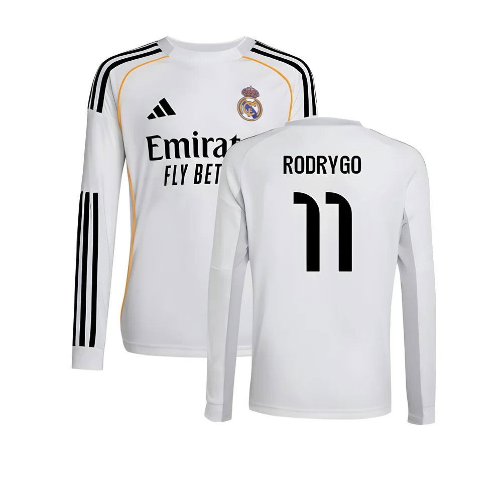 2025-2026 Real Madrid Long Sleeve Home Shirt (Kids) (Rodrygo 11)