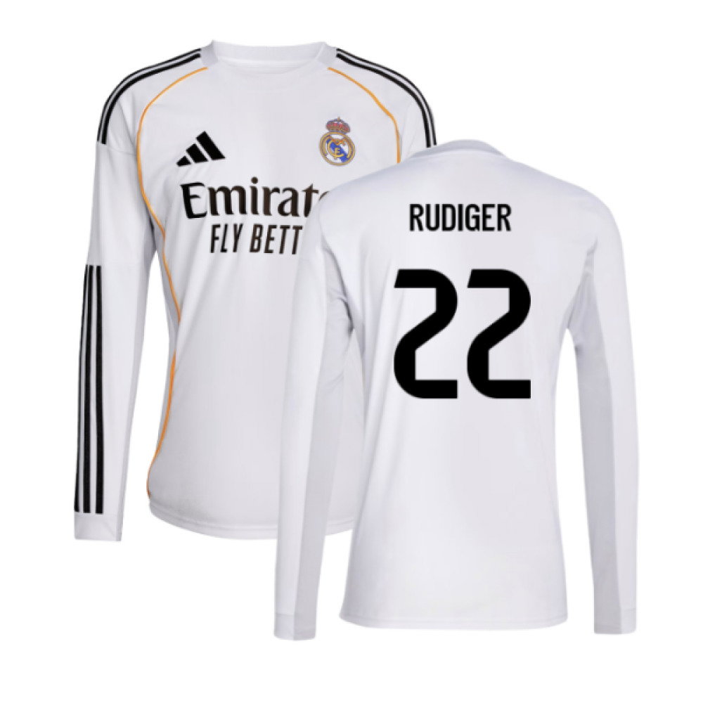 2025-2026 Real Madrid Long Sleeve Home Shirt (Rudiger 22)