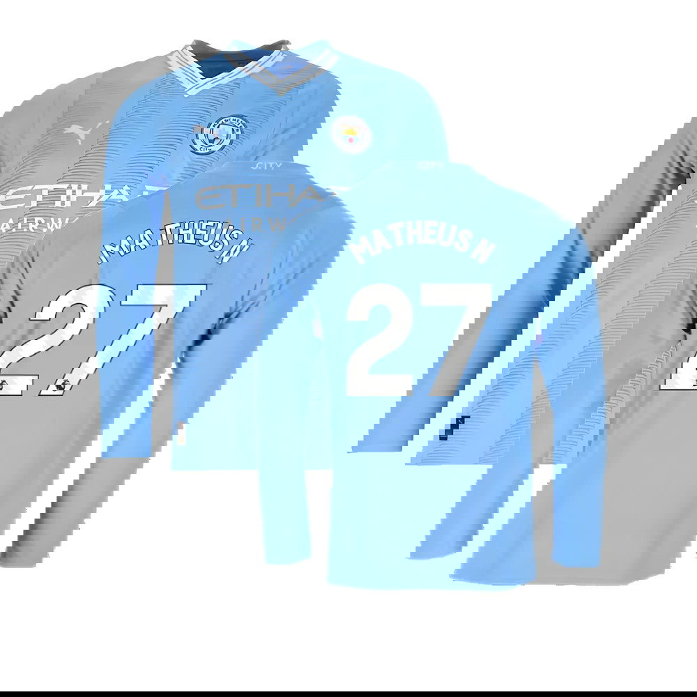 2023-2024 Man City Long Sleeve Home Shirt (Matheus N 27)
