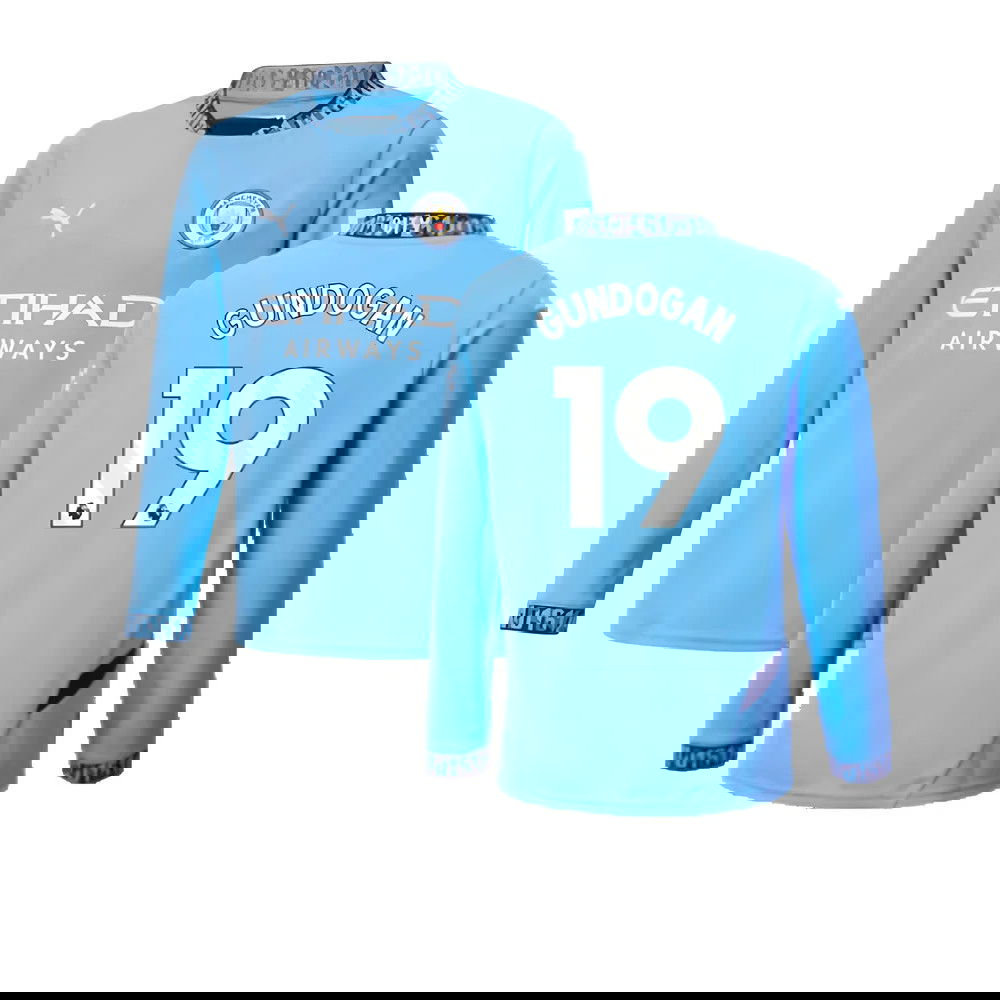 2024-2025 Man City Home Long Sleeve Shirt (Kids) (Gundogan 19)