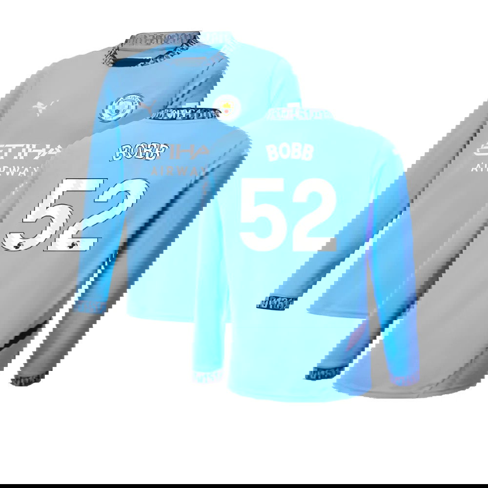 2024-2025 Man City Home Long Sleeve Shirt (Kids) (Bobb 52)