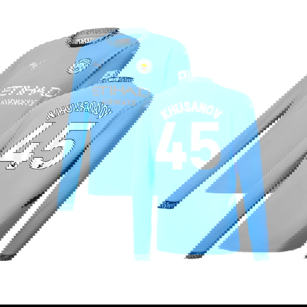 2024-2025 Man City Home Long Sleeve Shirt (Khusanov 45)