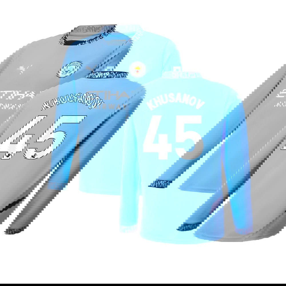 2024-2025 Man City Home Long Sleeve Shirt (Kids) (Khusanov 45)