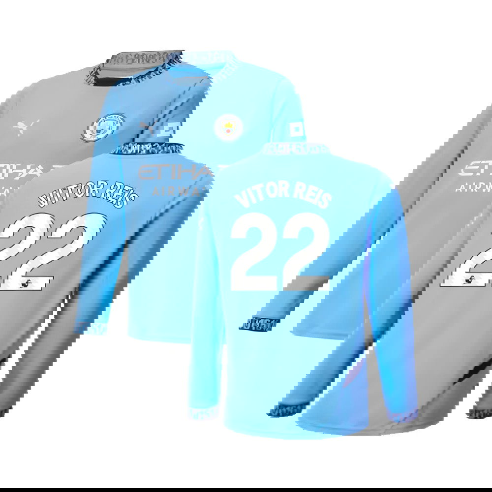 2024-2025 Man City Home Long Sleeve Shirt (Kids) (Vitor Reis 22)