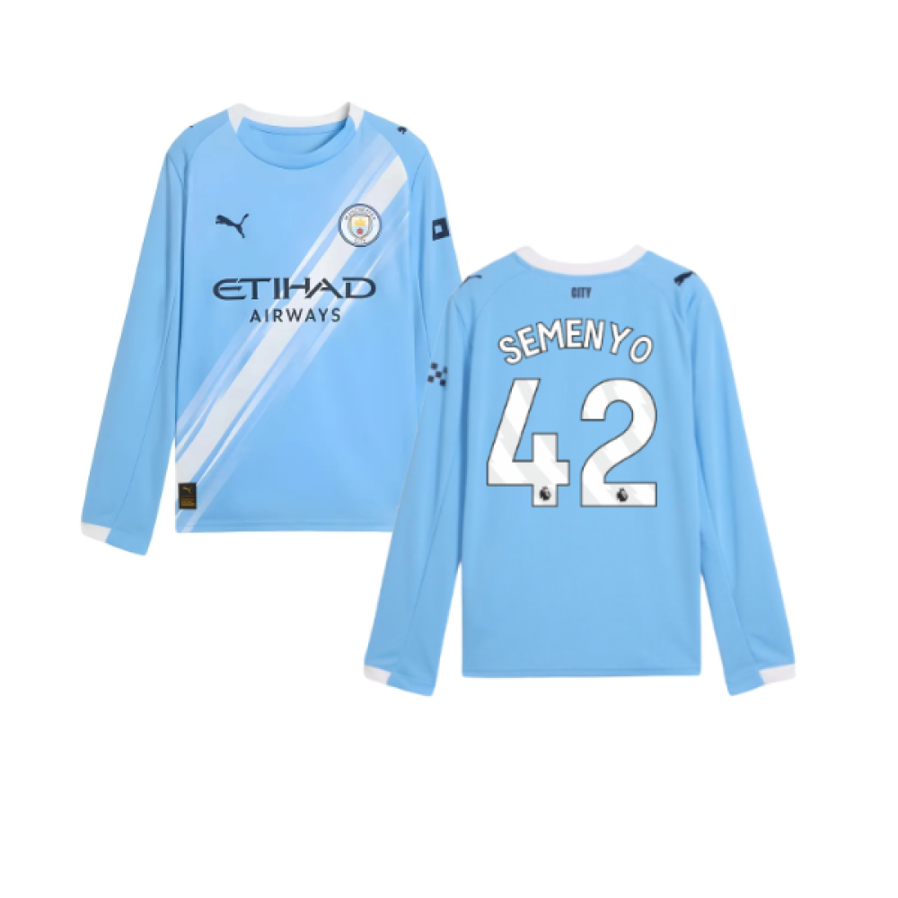 2025-2026 Man City Long Sleeve Home Shirt (Kids) (Semenyo 42)