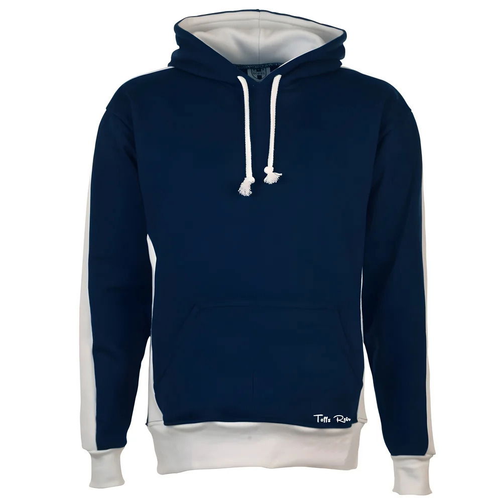 Toffs Retro Navy Hoodie White sleeve panels.